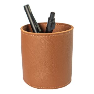 Como o porta-caneta de couro pode ajudar na organização da mesa?